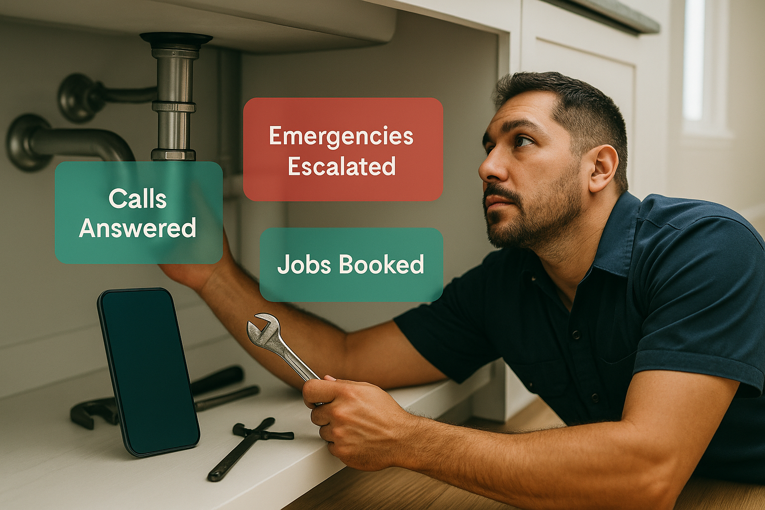 Plumber working under sink with call management overlays showing calls answered, emergencies escalated, and jobs booked