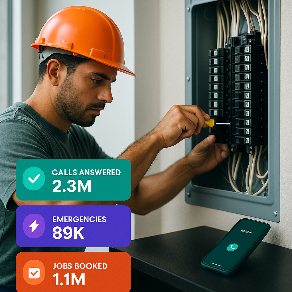 Electrician working on electrical panel with call statistics overlay showing calls answered, emergencies handled, and jobs booked